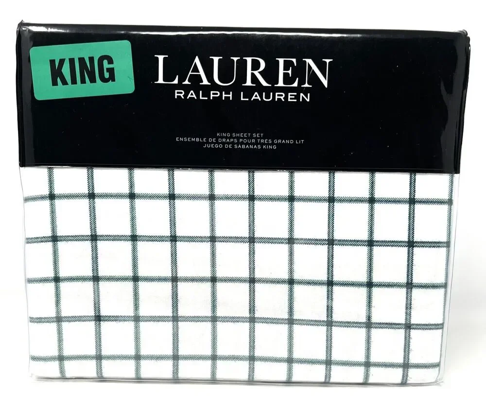 Ralph Lauren Millerton Plaid Flannel Sheet Set King Size Check Green Blue *READ*